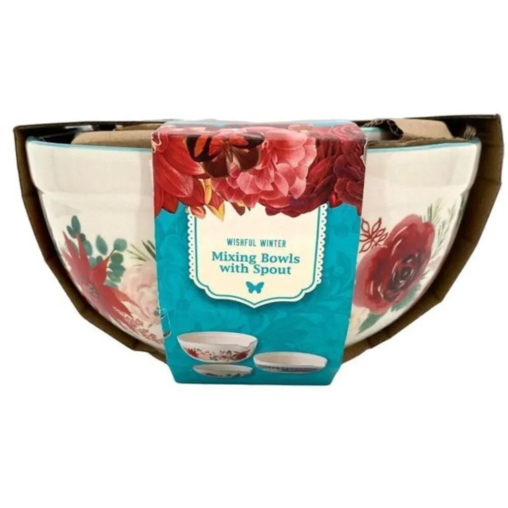 Pioneer Woman Wishful Winter Mixing Bowls With Spout Set New